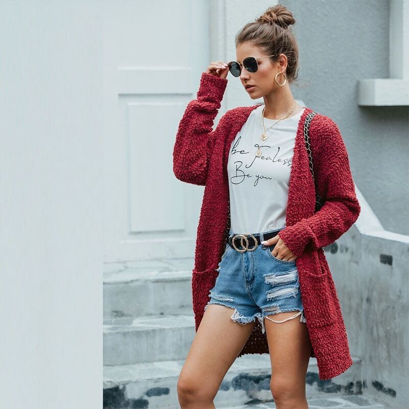 

Dual Pocket Drop Shoulder Boucle Knit Cardigan, Burgundy