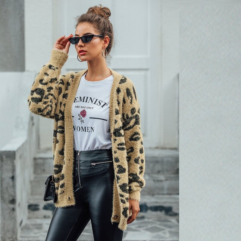 

Leopard Print Button Through Fluffy Knit Cardigan, Multicolor