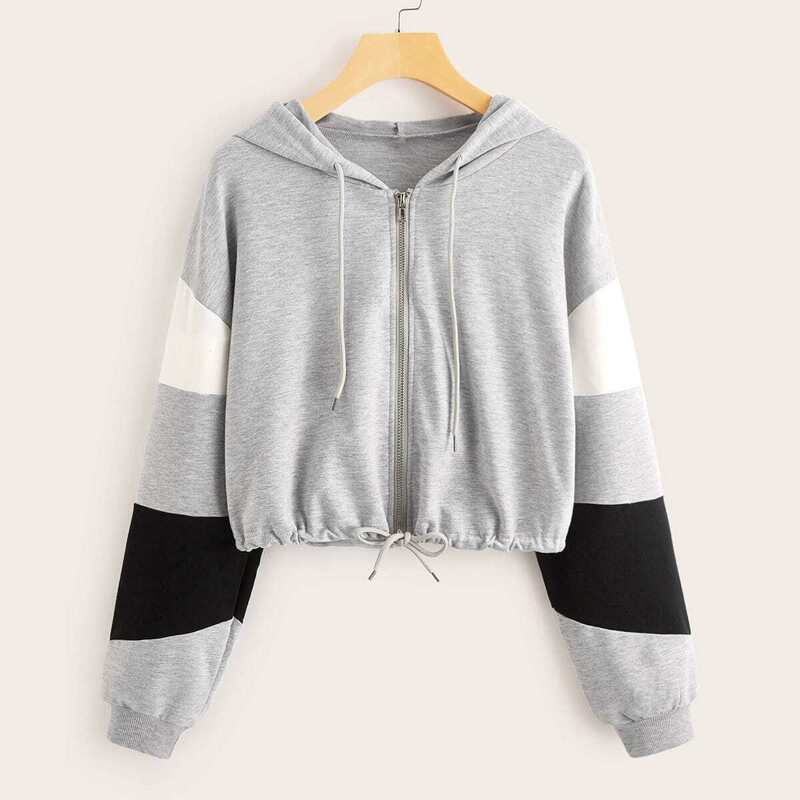 

Contrast Panel Drawstring Hem Zip Up Hooded Sweatshirt, Grey