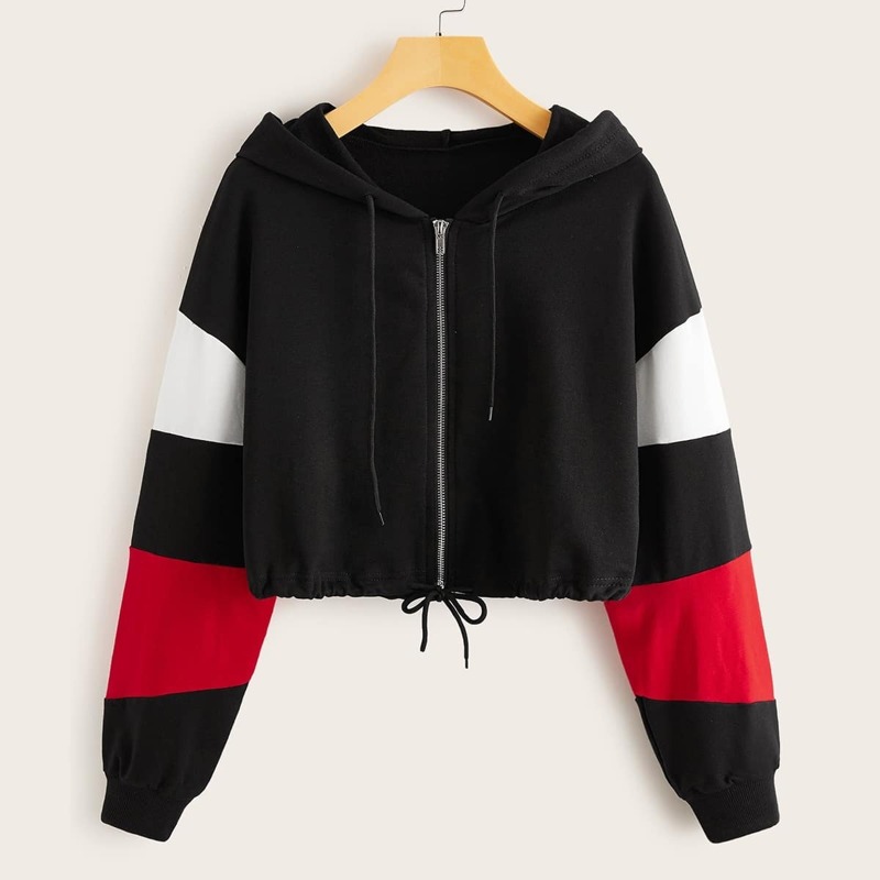 

Contrast Panel Drawstring Hem Zip Up Hooded Sweatshirt, Black