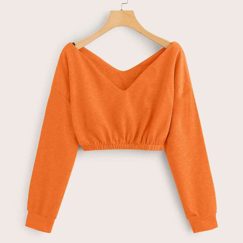 

Neon Orange Drop Shoulder Elastic Hem Crop Sweatshirt, Orange bright