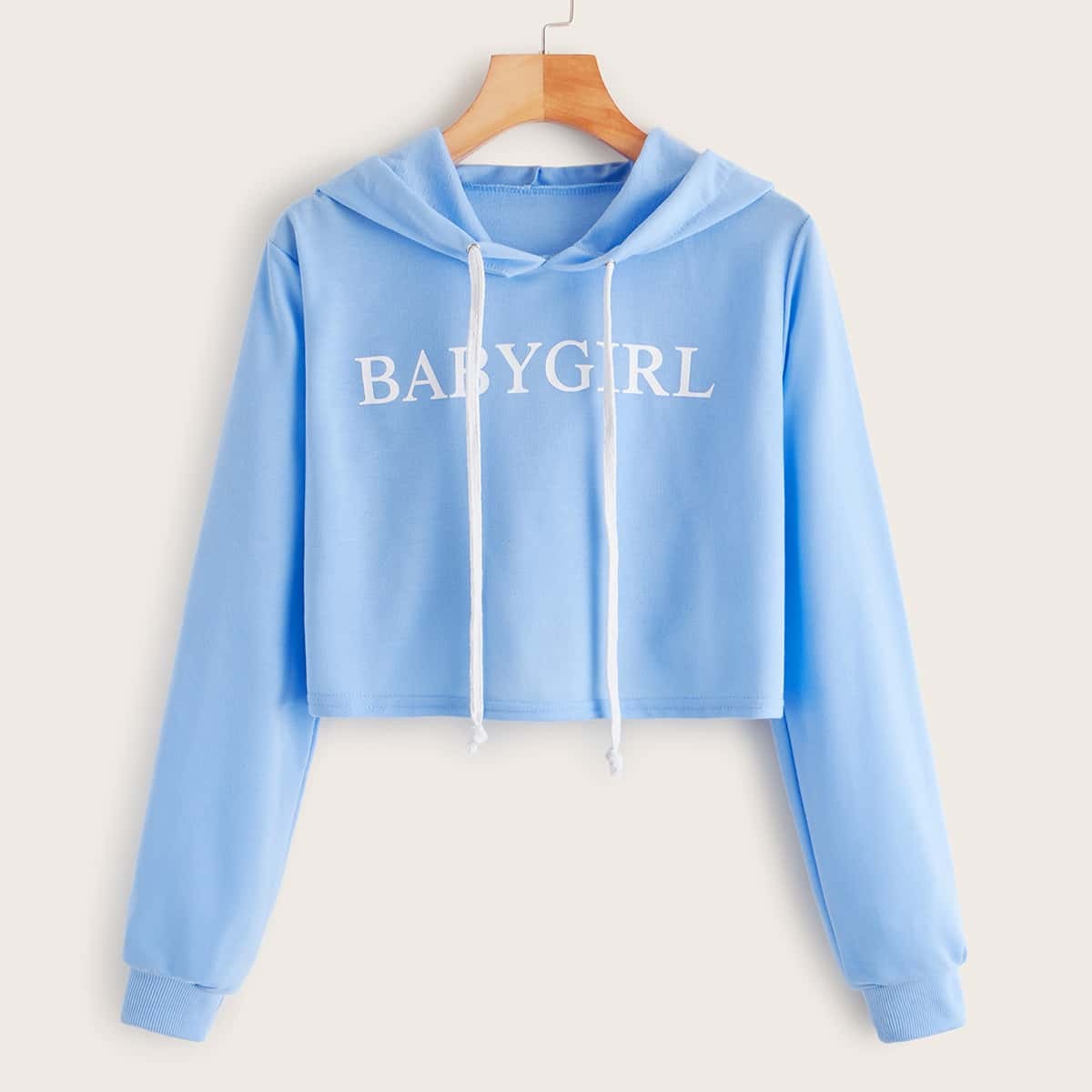 

Letter Print Drawstring Crop Hoodie, Blue