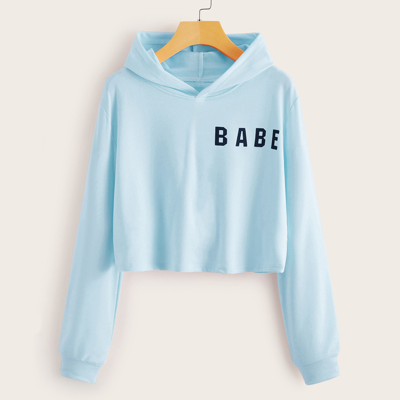 

Letter Graphic Crop Hooded Sweatshirt, Blue