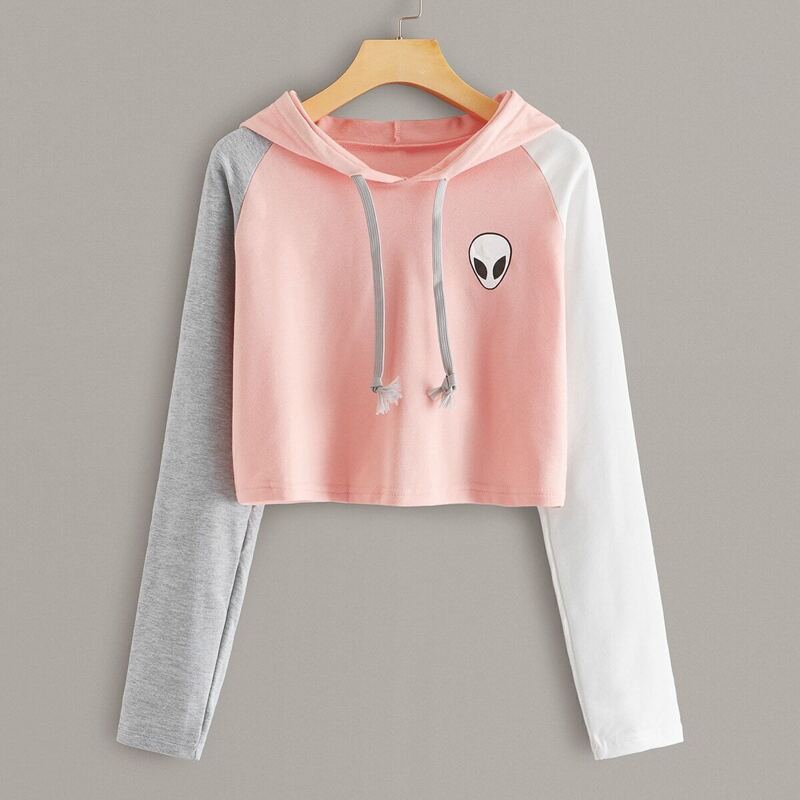 

Contrast Sleeve Alien Print Drawstring Hoodie, Pink