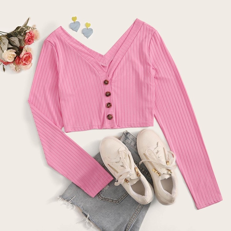 

Button Front Rib-Knit Crop Tee, Pink