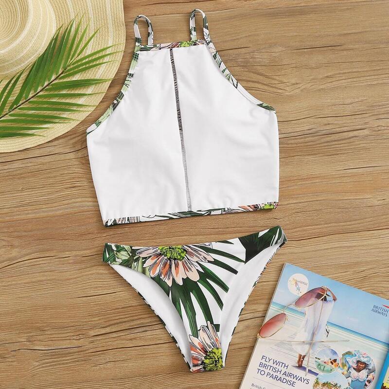 

Contrast Binding Hollow Out Top With Tropical Tankini, White