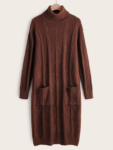 Cable Pattern High Neck Dual Pockets Sweater Dress
