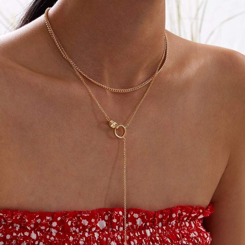 

Ring & Ball Charm Layered Lariat Necklace 1pc, Gold