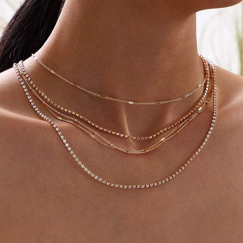 

Rhinestone Decor Layered Necklace 1pc, Gold