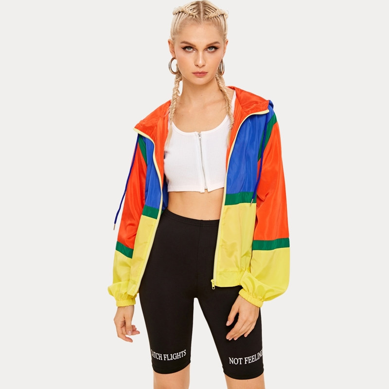 

Color-block Drawstring Zip-up Hooded Windbreaker Jacket, Multicolor