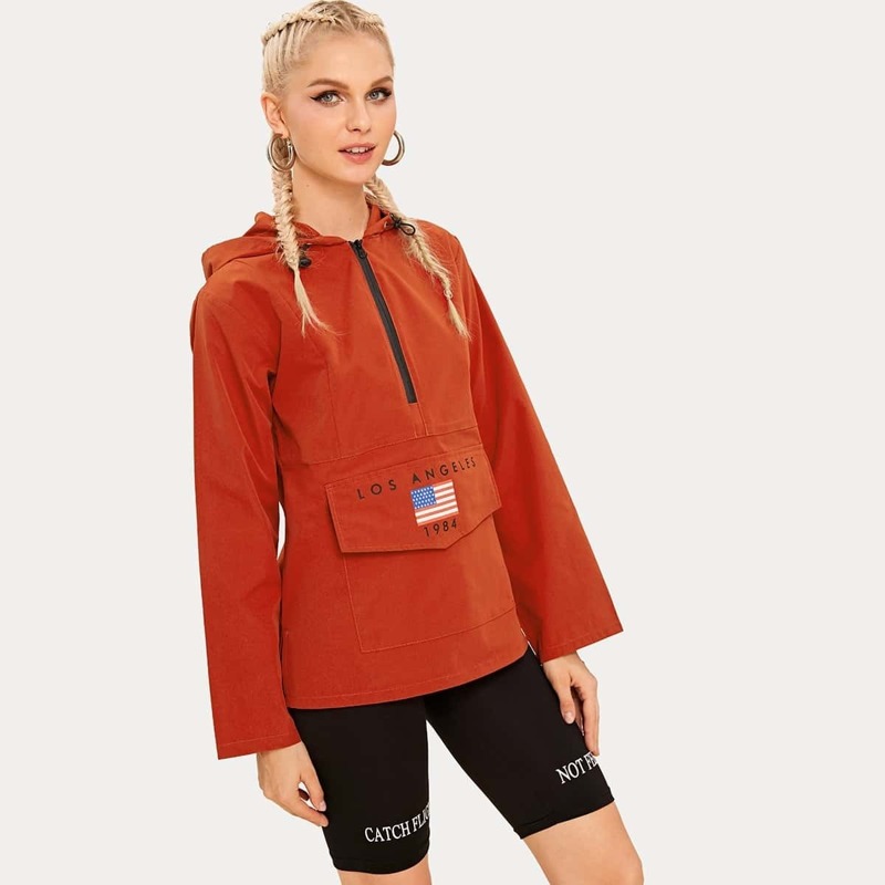 

Red White And Blue Print Hooded Anorak Jacket, Orange