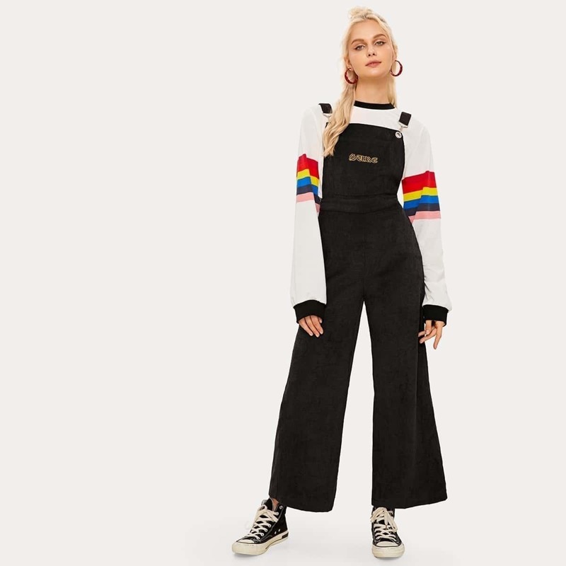 

Letter Print Pocket Front Corduroy Overalls, Black