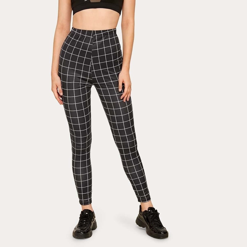 

Grid Print Elastic Waist Leggings, Black