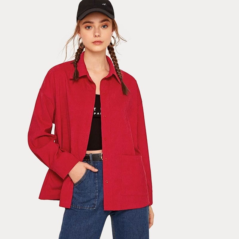 

Solid Single-breasted Dual Pocket Corduroy Coat, Red