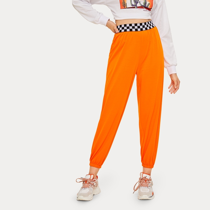 

Neon Orange Checkered Tape Waist Sweatpants, Orange bright