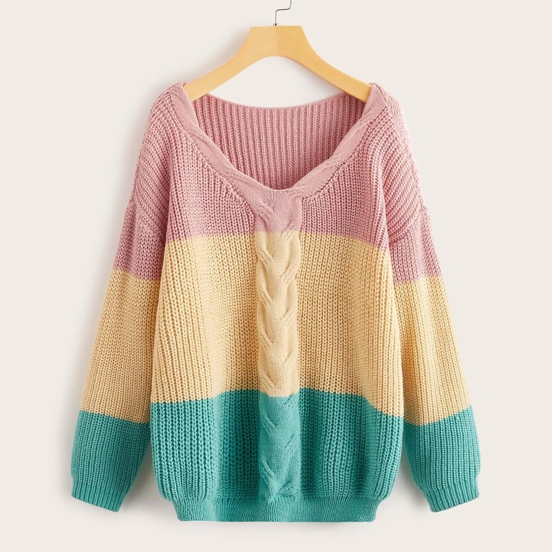 

Cut And Sew Panel Cable-knit Jumper, Multicolor