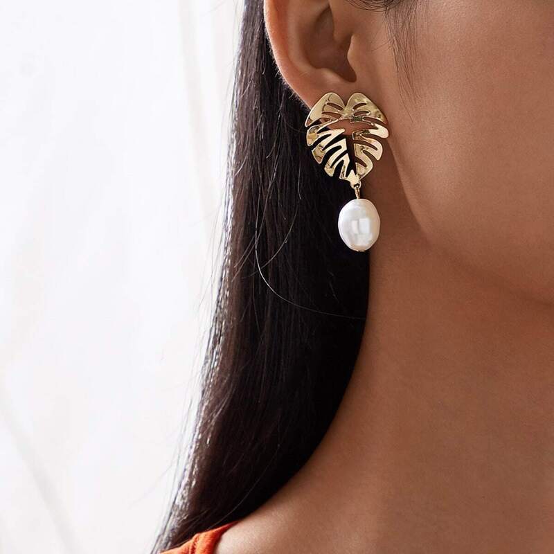 

Leaf Decor Faux Pearl Drop Earrings 1pair, Multicolor