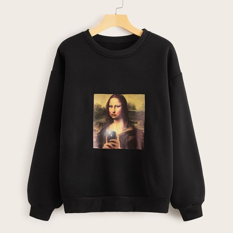 

Oil Painting Print Drop Shoulder Sweatshirt, Black