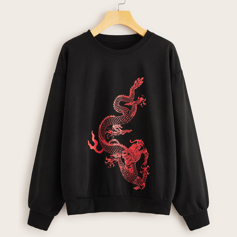 

Dragon Print Drop Shoulder Sweatshirt, Black
