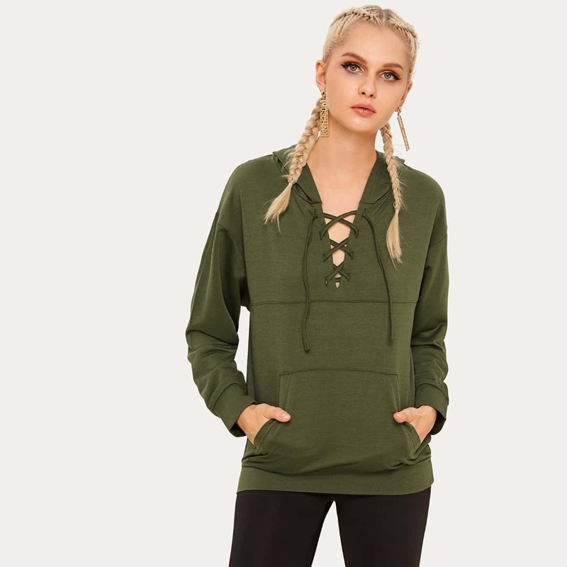 

Solid Lace-up Kangaroo Pocket Front Hoodie, Army green
