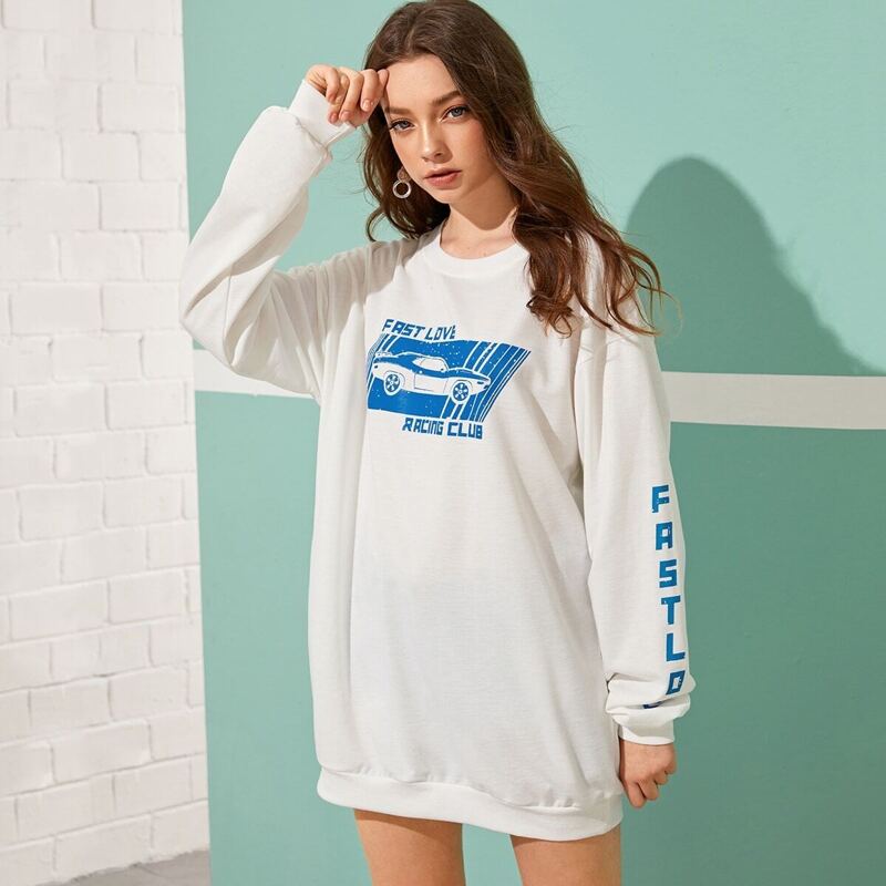 Letter And Car Print Sweatshirt Dress, White