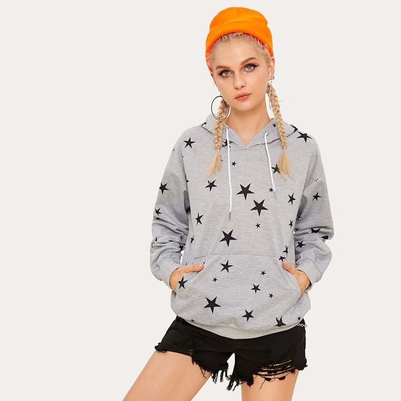 

Star Print Kangaroo Pocket Drawstring Hoodie, Grey