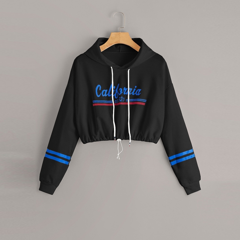 

Letter Print Varsity Striped Drawstring Hoodie, Black