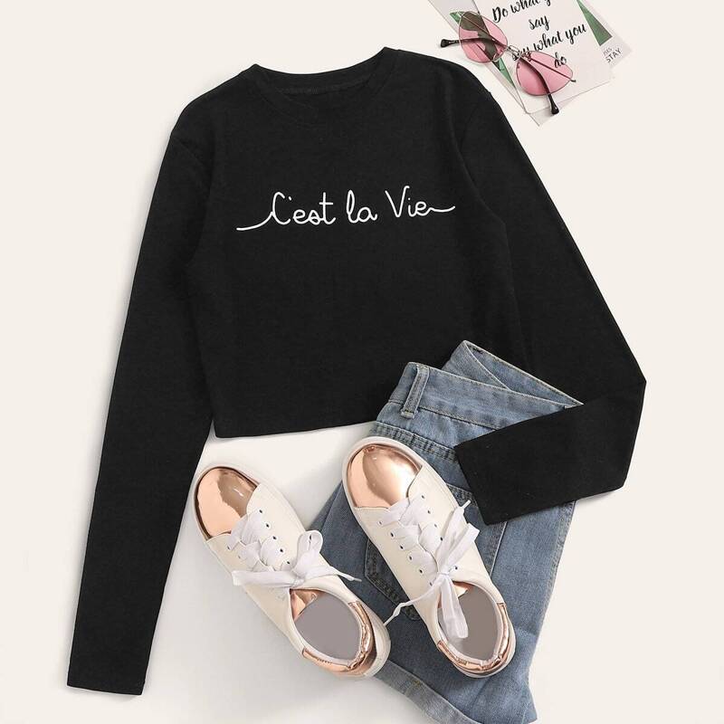 

Letter Print Long Sleeve Crop Tee, Black