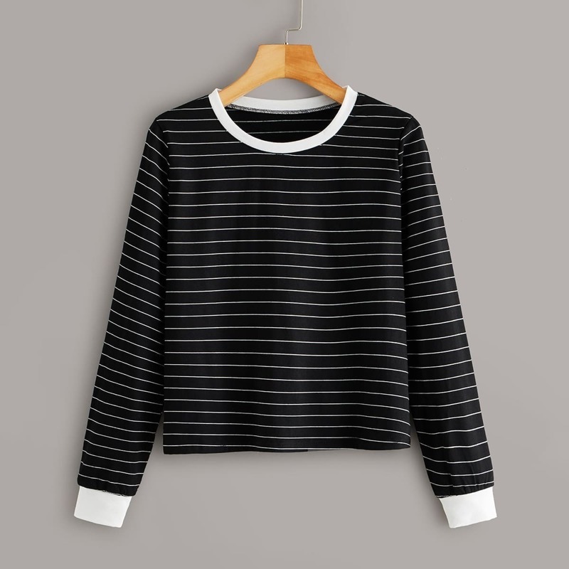 

Contrast Binding Striped Long Sleeve Tee, Black