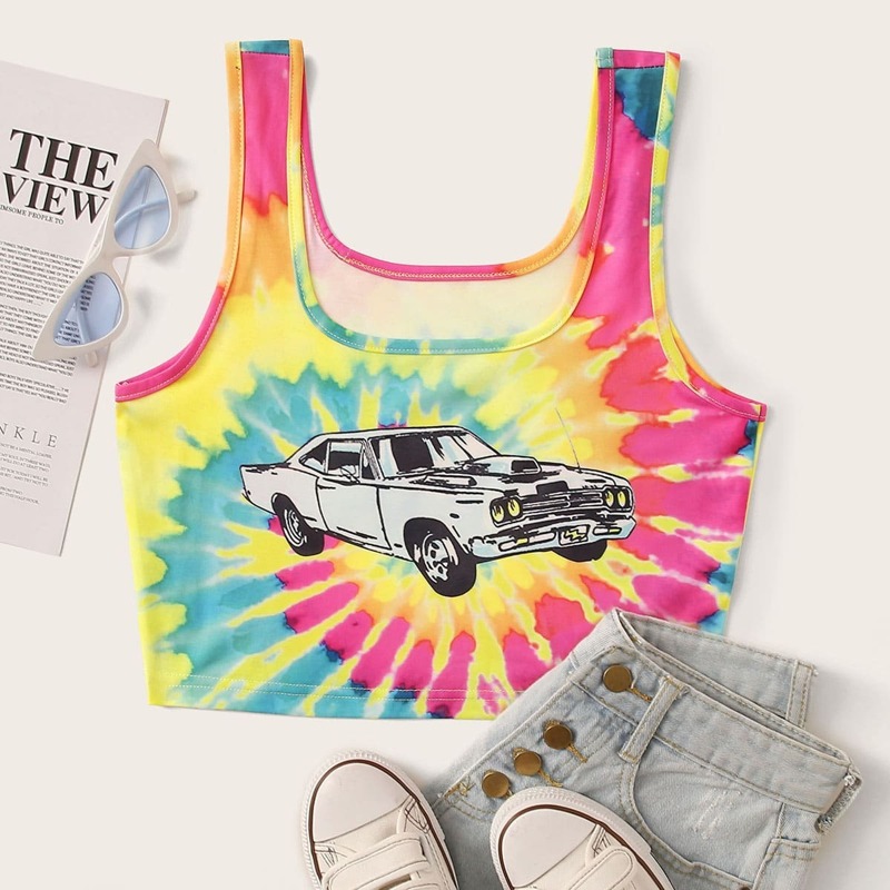 

Tie Dye Car Print Tank Top, Multicolor
