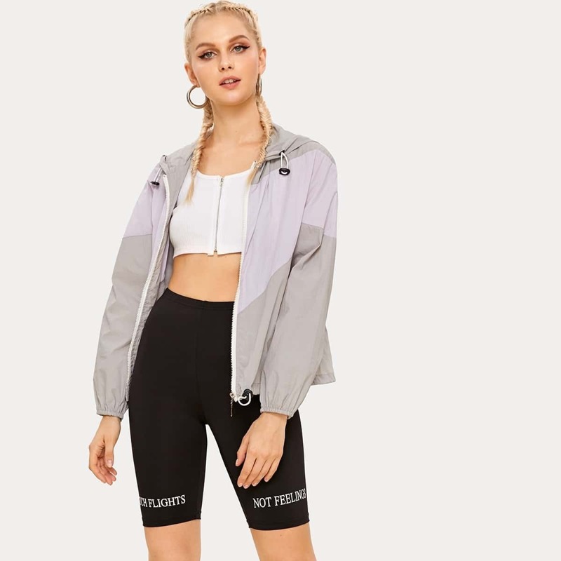 

Contrast Panel Drawstring Zip-up Hooded Jacket, Multicolor