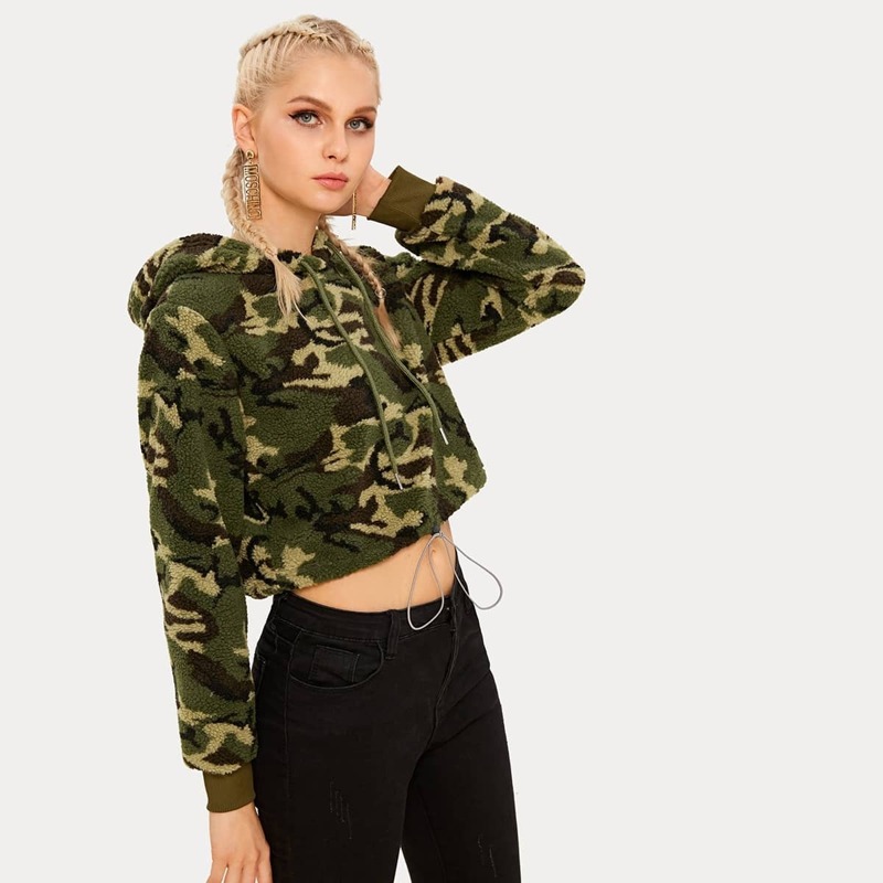 

Camo Print Drawstring Hem Teddy Hoodie, Multicolor