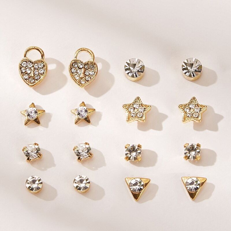 

Rhinestone Engraved Star & Heart Stud Earrings 8pairs, Gold