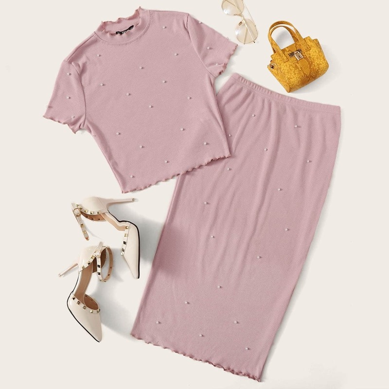

Lettuce Edge Pearl Beaded Tee and Pencil Skirt Set, Pink pastel