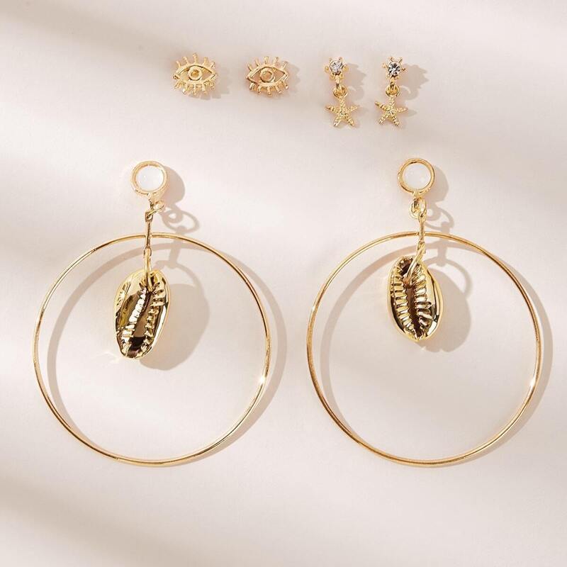 

Eye & Shell Decor Earrings 3pairs, Gold