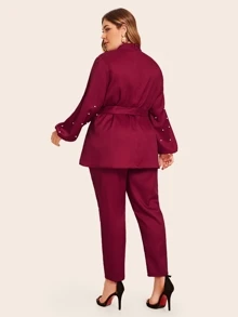 SHEIN Plus Mock Neck Pearls Detail Belted Top & Trousers Set - Burgundy - View 2