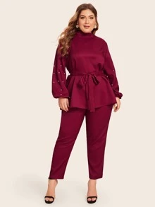 SHEIN Plus Mock Neck Pearls Detail Belted Top & Trousers Set - Burgundy - View 3