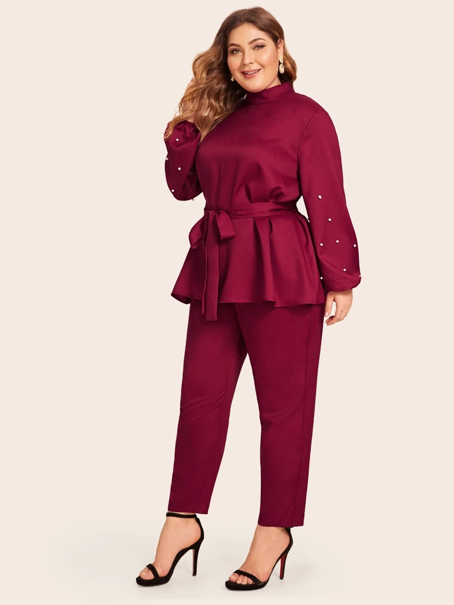 SHEIN Plus Mock Neck Pearls Detail Belted Top & Trousers Set - Burgundy - View 1