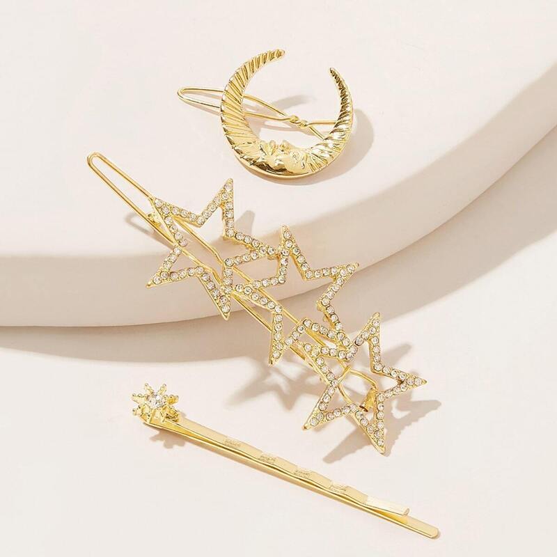 

Rhinestone Engraved Star & Moon Decor Hair Clip 3pcs, Gold