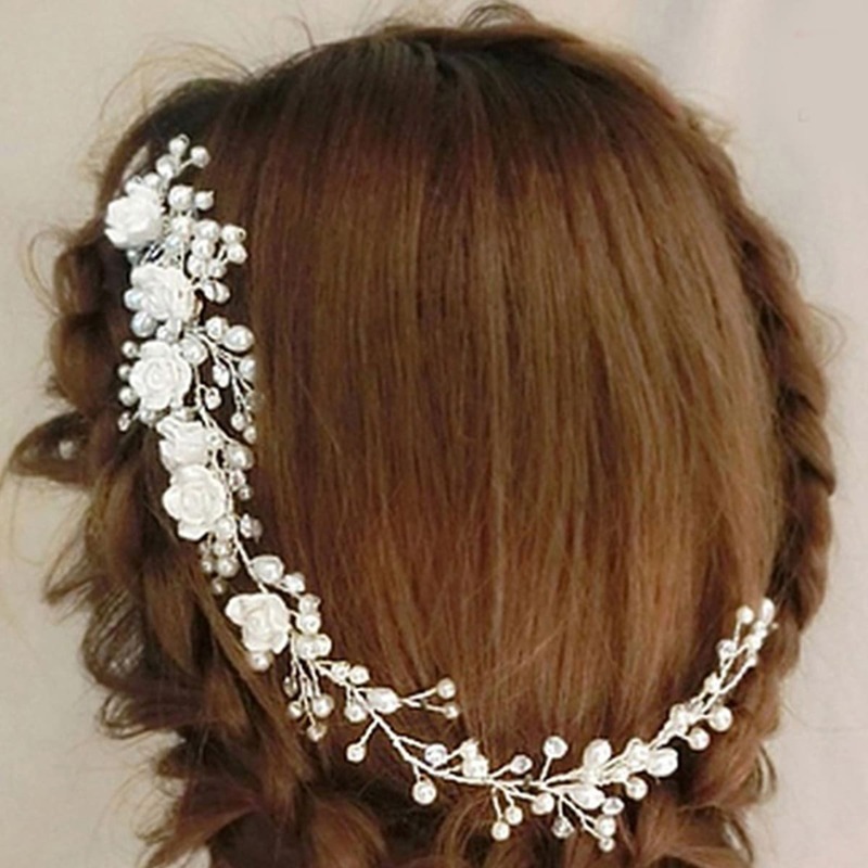 

Flower & Pearl Design Hair Comb, White