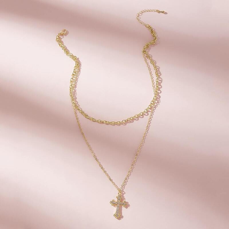 

Rhinestone Engraved Cross Charm Layered Necklace 1pc, Gold