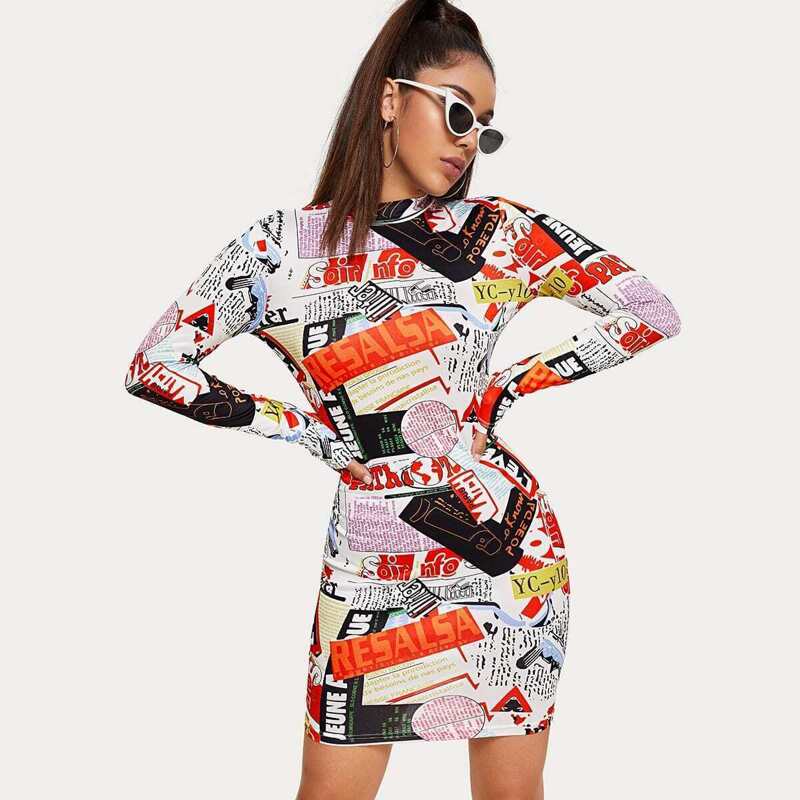 

Mock Neck Mixed Print Bodycon Dress, Multicolor