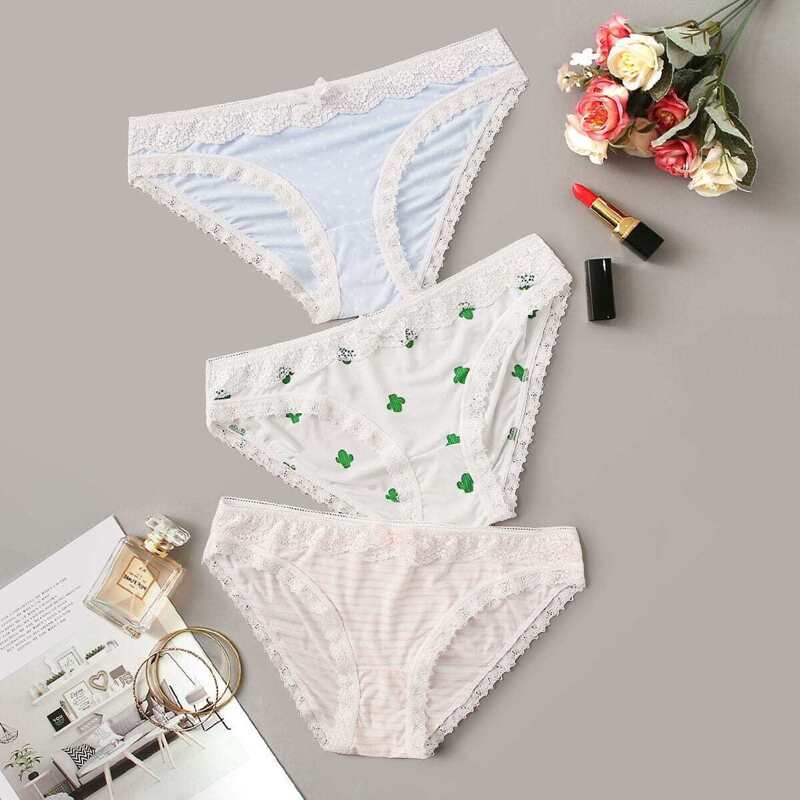 

Mixed Print Lace Trim Panty Set 3pack, Multicolor