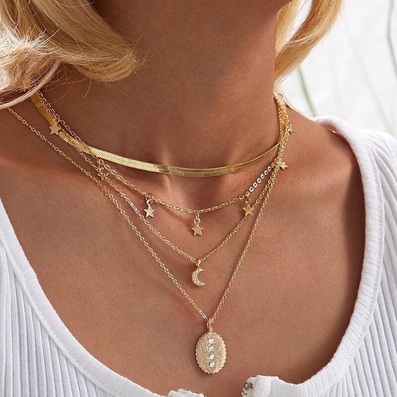 

Coin & Moon Charm Layered Necklace 1pc, Gold