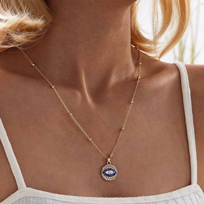 

Rhinestone Engraved Eye Charm Necklace 1pc, Gold