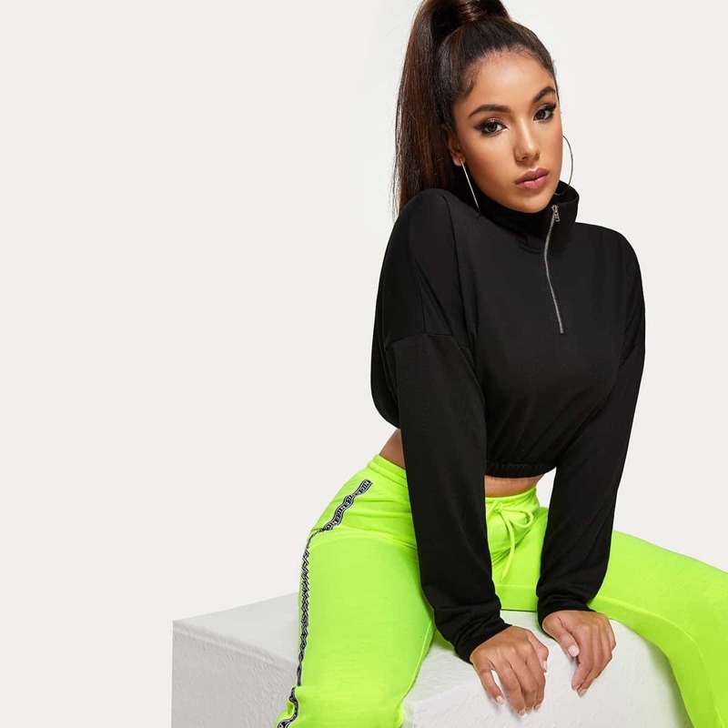 

Half Placket Dolman Sleeve Sweatshirt, Black