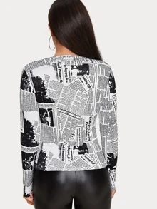 Chiquease Newspaper Print Fitted Tee Fall Cloth For Women - Black and White - View 2