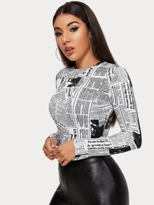 Chiquease Newspaper Print Fitted Tee Fall Cloth For Women - Black and White - View 5