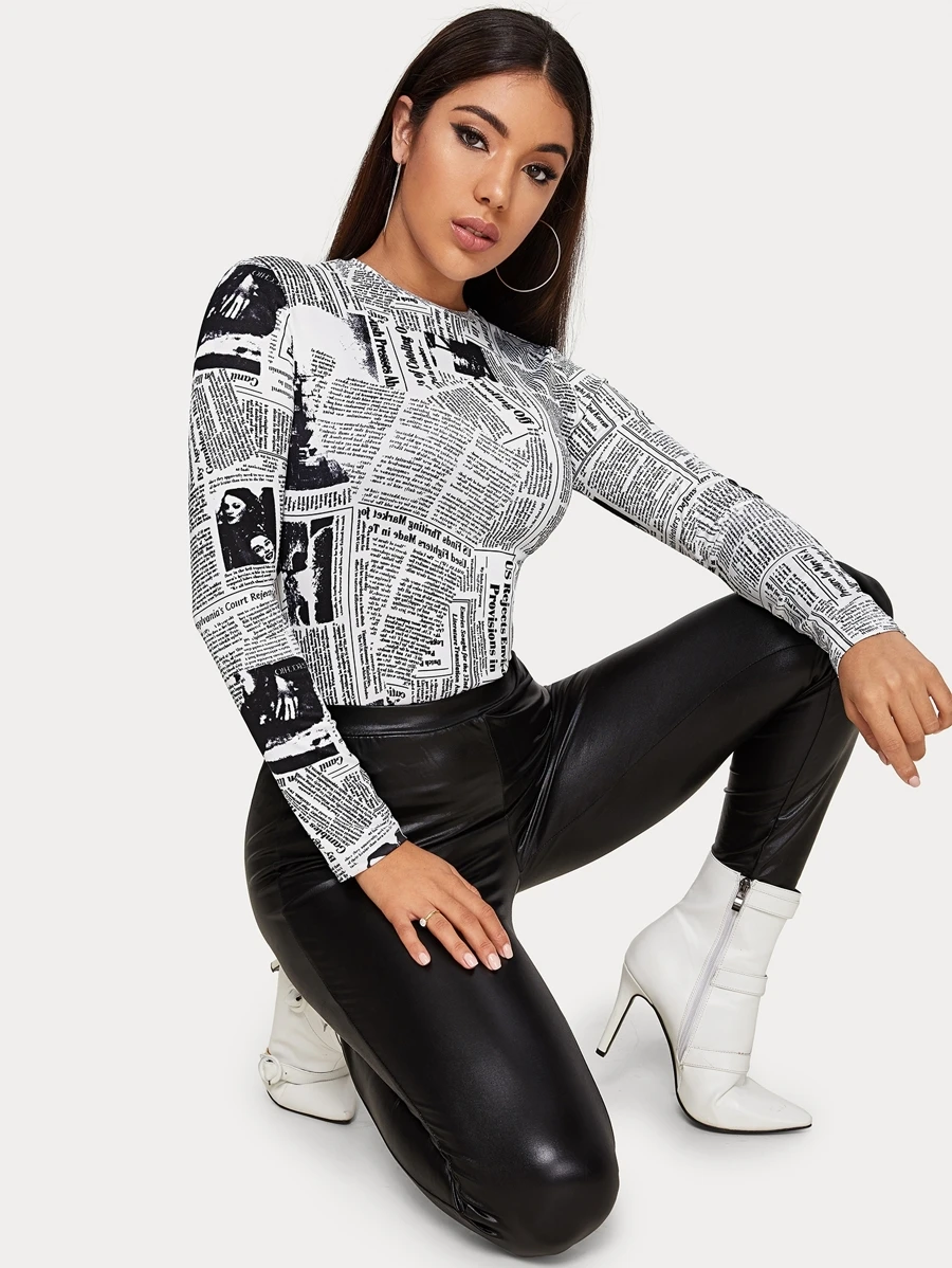 Chiquease Newspaper Print Fitted Tee Fall Cloth For Women - Black and White - View 1