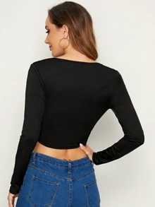 SHEIN Cut-out Surplice Neck Crop Top - Black - View 2